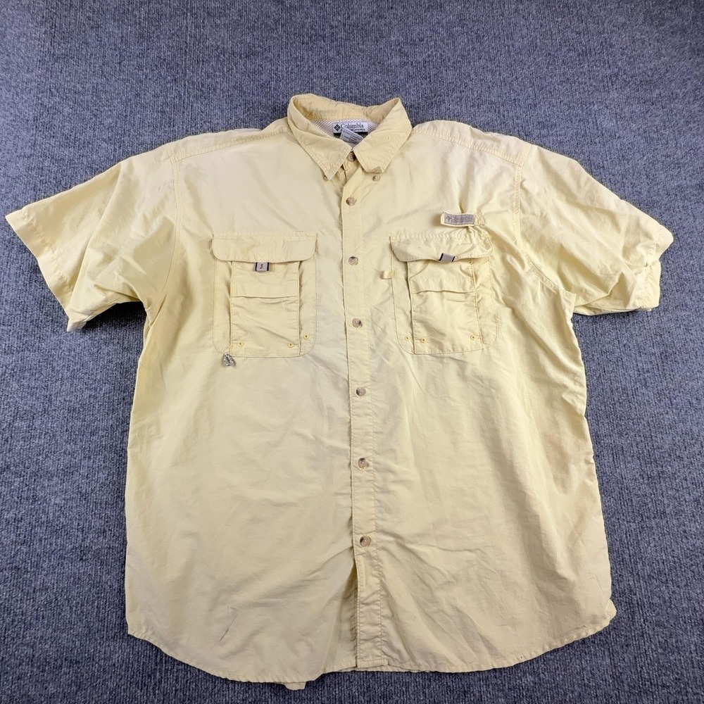 Columbia PFG Shirt Mens‎ Large Yellow Short Sleeve Fishing Button Up Vented